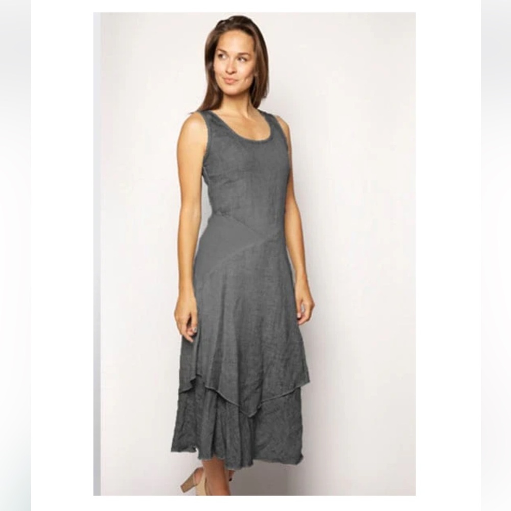 Inizio 100% Linen Flutter Pocket Sleeveless Layered Handkerchief Hem Dress SZ L